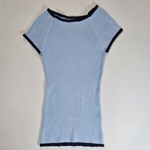 New York & Company Top XS Blue Ribbed Stretchy‎ Soft Shoulder Sleeve Slim Blouse
